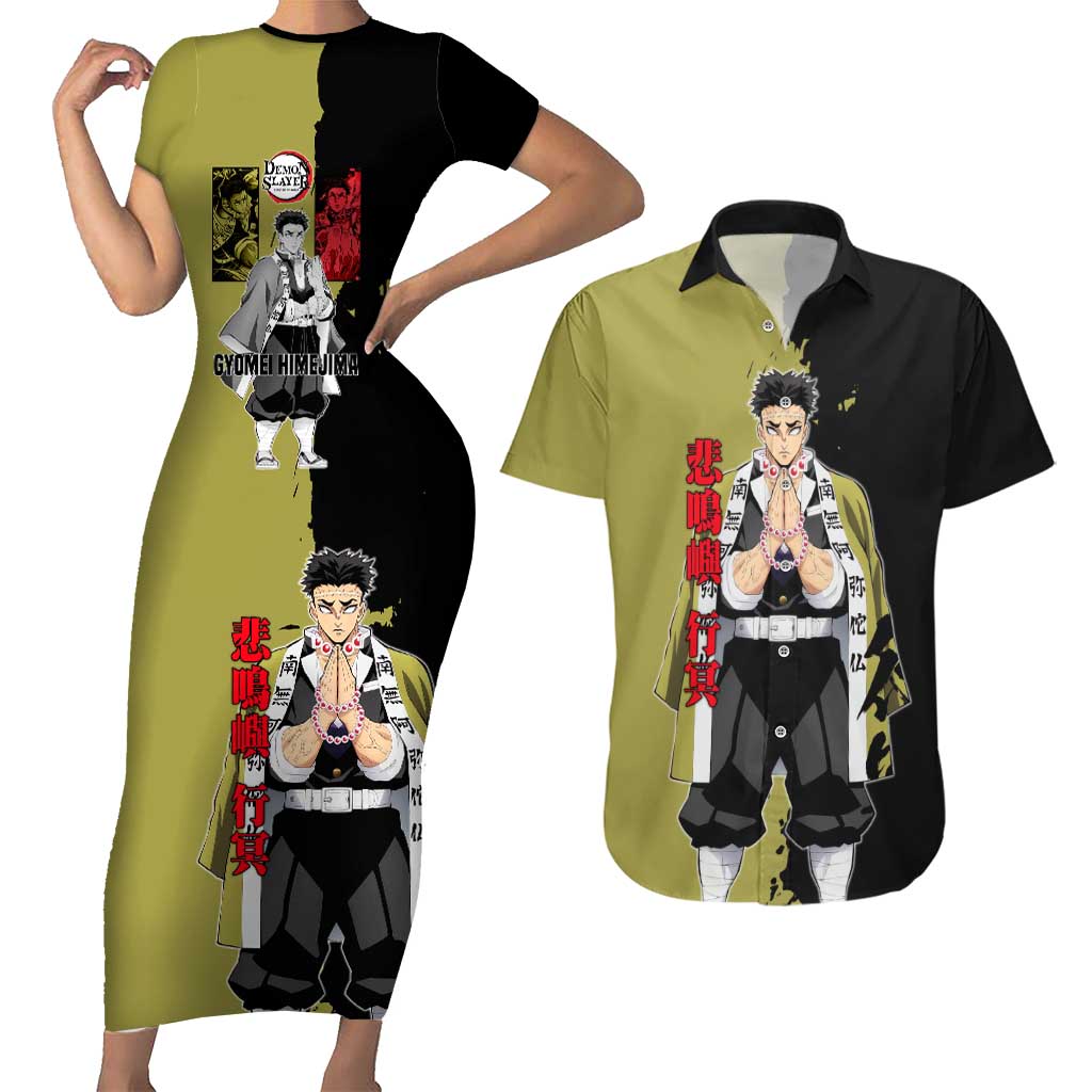 Gyomei Himejima from Demon Slayer Couples Matching Short Sleeve Bodycon Dress and Hawaiian Shirt with Olive and Black Split Background and Prayer Pose Manga Style Design - The Mazicc