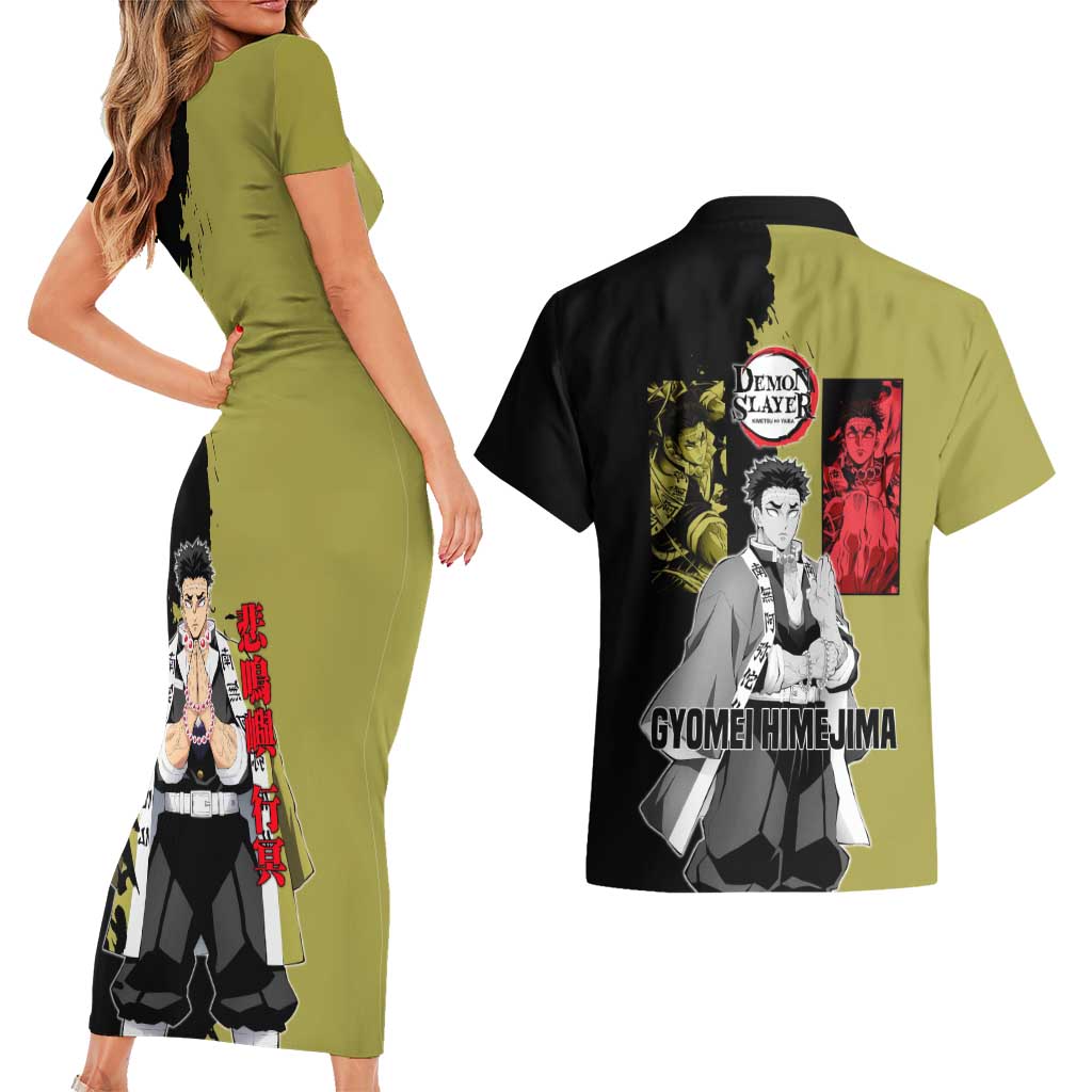 Gyomei Himejima from Demon Slayer Couples Matching Short Sleeve Bodycon Dress and Hawaiian Shirt with Olive and Black Split Background and Prayer Pose Manga Style Design - The Mazicc
