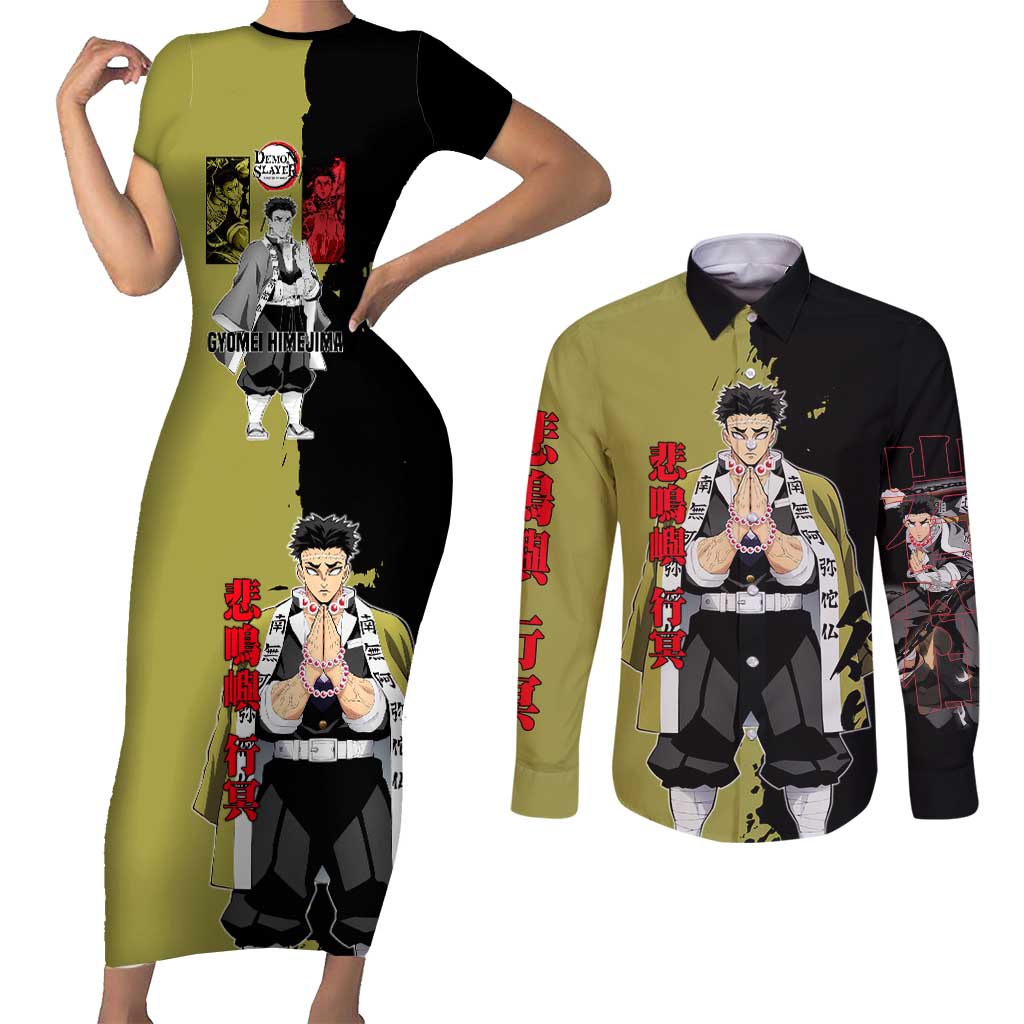 Gyomei Himejima from Demon Slayer Couples Matching Short Sleeve Bodycon Dress and Long Sleeve Button Shirt with Olive and Black Split Background and Prayer Pose Manga Style Design - The Mazicc