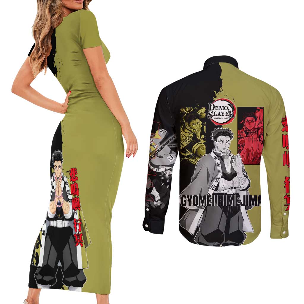 Gyomei Himejima from Demon Slayer Couples Matching Short Sleeve Bodycon Dress and Long Sleeve Button Shirt with Olive and Black Split Background and Prayer Pose Manga Style Design - The Mazicc
