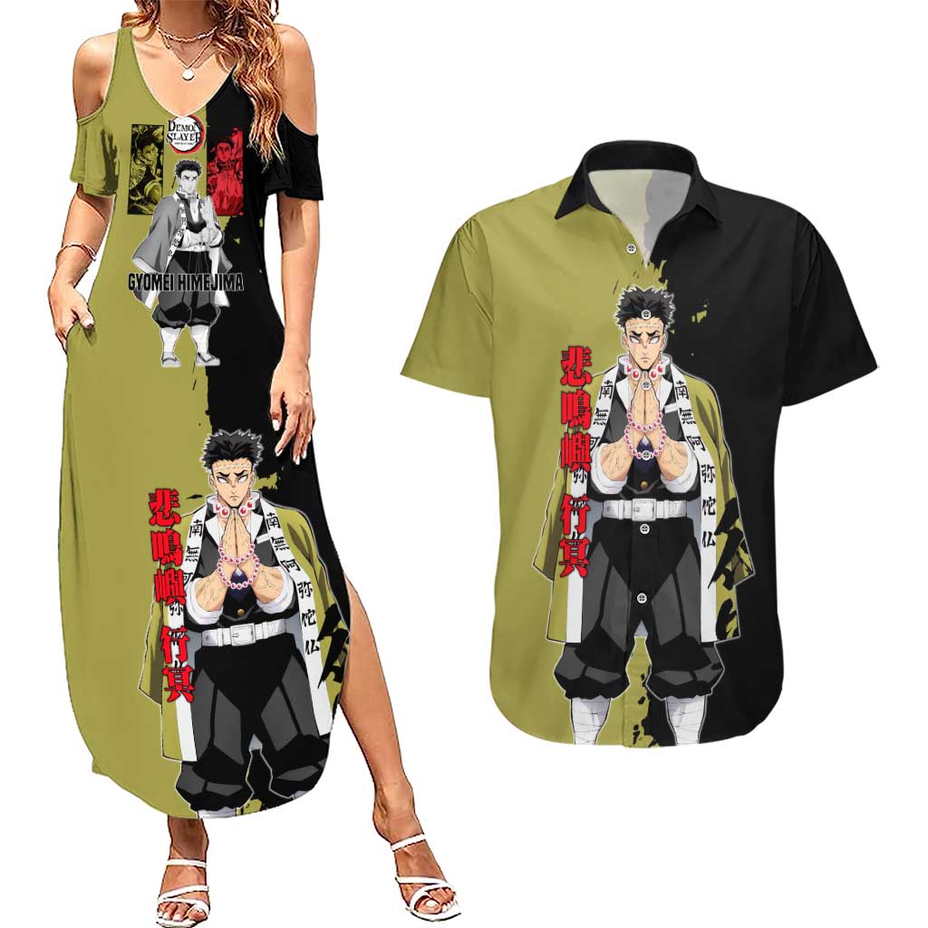 Gyomei Himejima from Demon Slayer Couples Matching Summer Maxi Dress and Hawaiian Shirt with Olive and Black Split Background and Prayer Pose Manga Style Design - The Mazicc