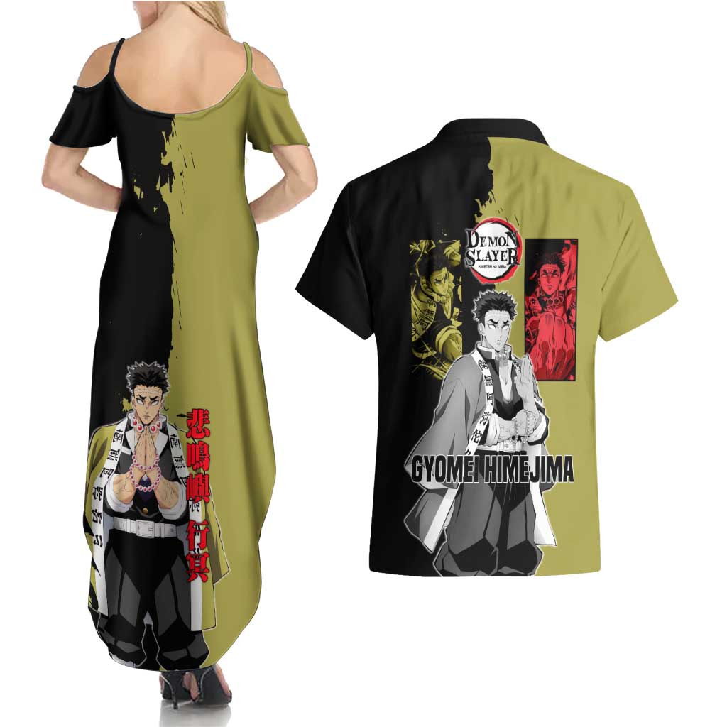 Gyomei Himejima from Demon Slayer Couples Matching Summer Maxi Dress and Hawaiian Shirt with Olive and Black Split Background and Prayer Pose Manga Style Design - The Mazicc