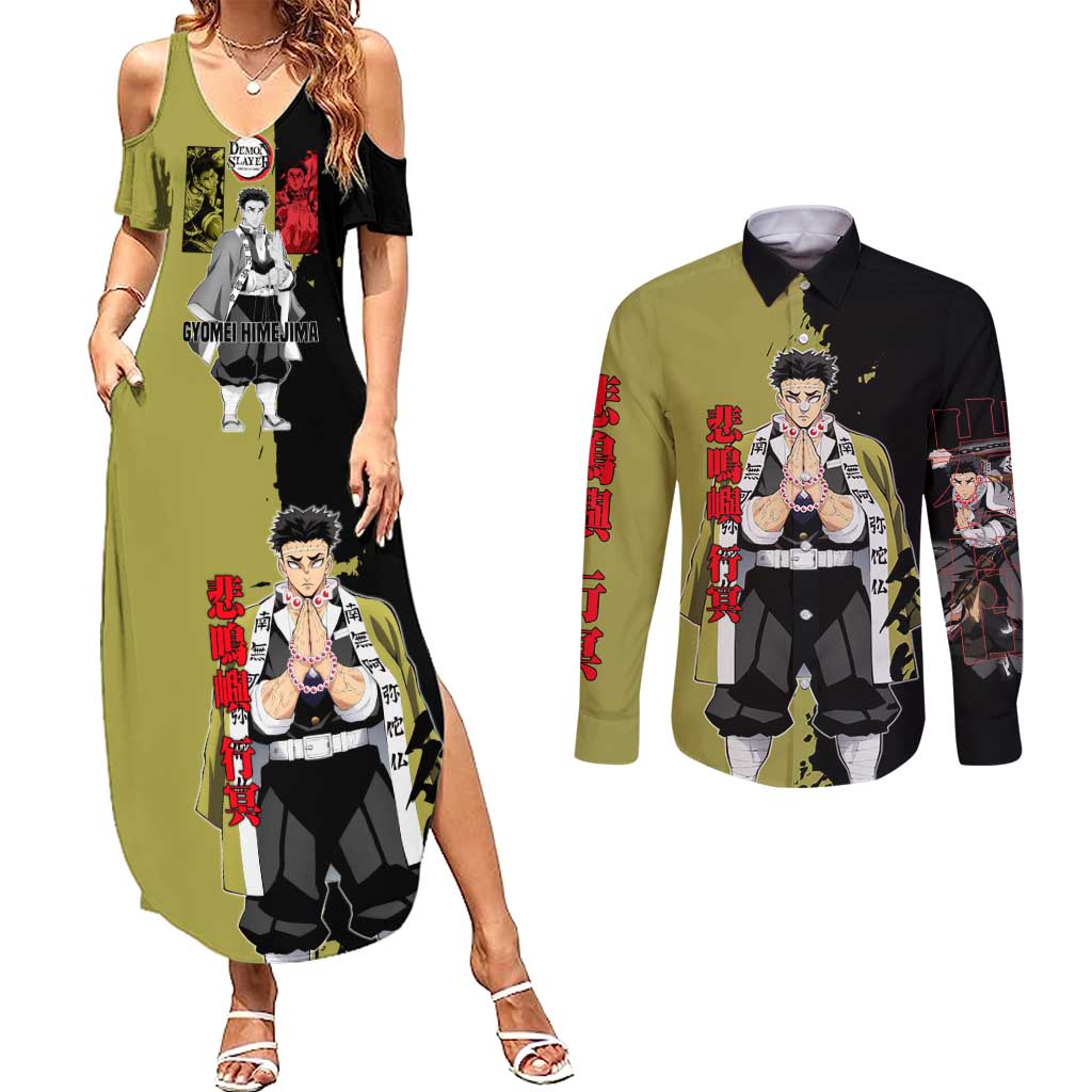 Gyomei Himejima from Demon Slayer Couples Matching Summer Maxi Dress and Long Sleeve Button Shirt with Olive and Black Split Background and Prayer Pose Manga Style Design - The Mazicc
