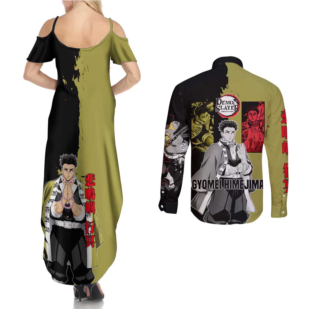 Gyomei Himejima from Demon Slayer Couples Matching Summer Maxi Dress and Long Sleeve Button Shirt with Olive and Black Split Background and Prayer Pose Manga Style Design - The Mazicc