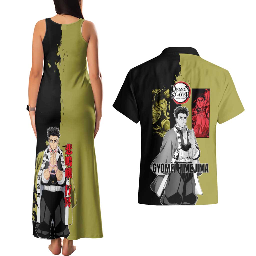 Gyomei Himejima from Demon Slayer Couples Matching Tank Maxi Dress and Hawaiian Shirt with Olive and Black Split Background and Prayer Pose Manga Style Design - The Mazicc