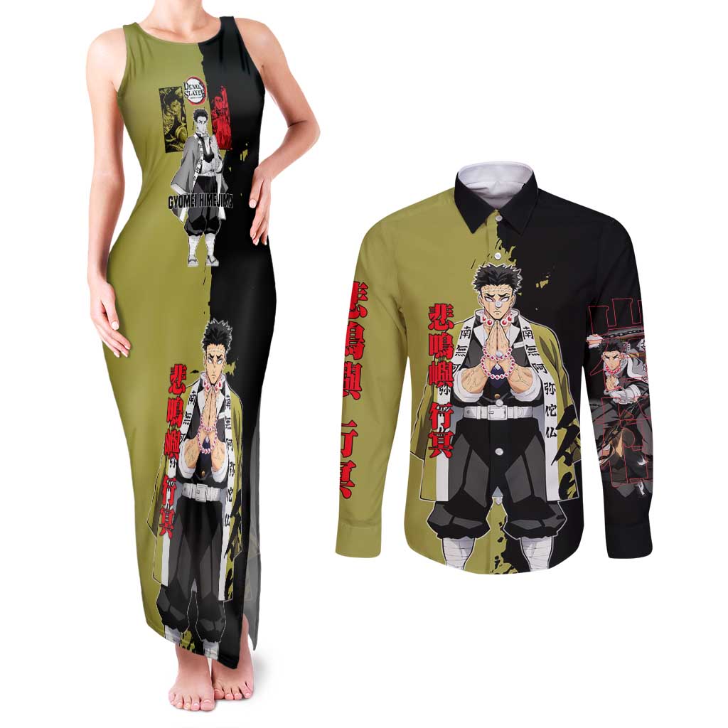 Gyomei Himejima from Demon Slayer Couples Matching Tank Maxi Dress and Long Sleeve Button Shirt with Olive and Black Split Background and Prayer Pose Manga Style Design - The Mazicc
