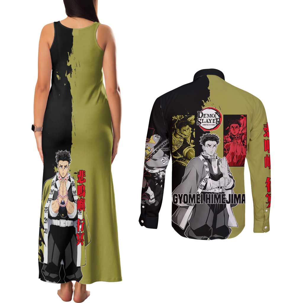Gyomei Himejima from Demon Slayer Couples Matching Tank Maxi Dress and Long Sleeve Button Shirt with Olive and Black Split Background and Prayer Pose Manga Style Design - The Mazicc