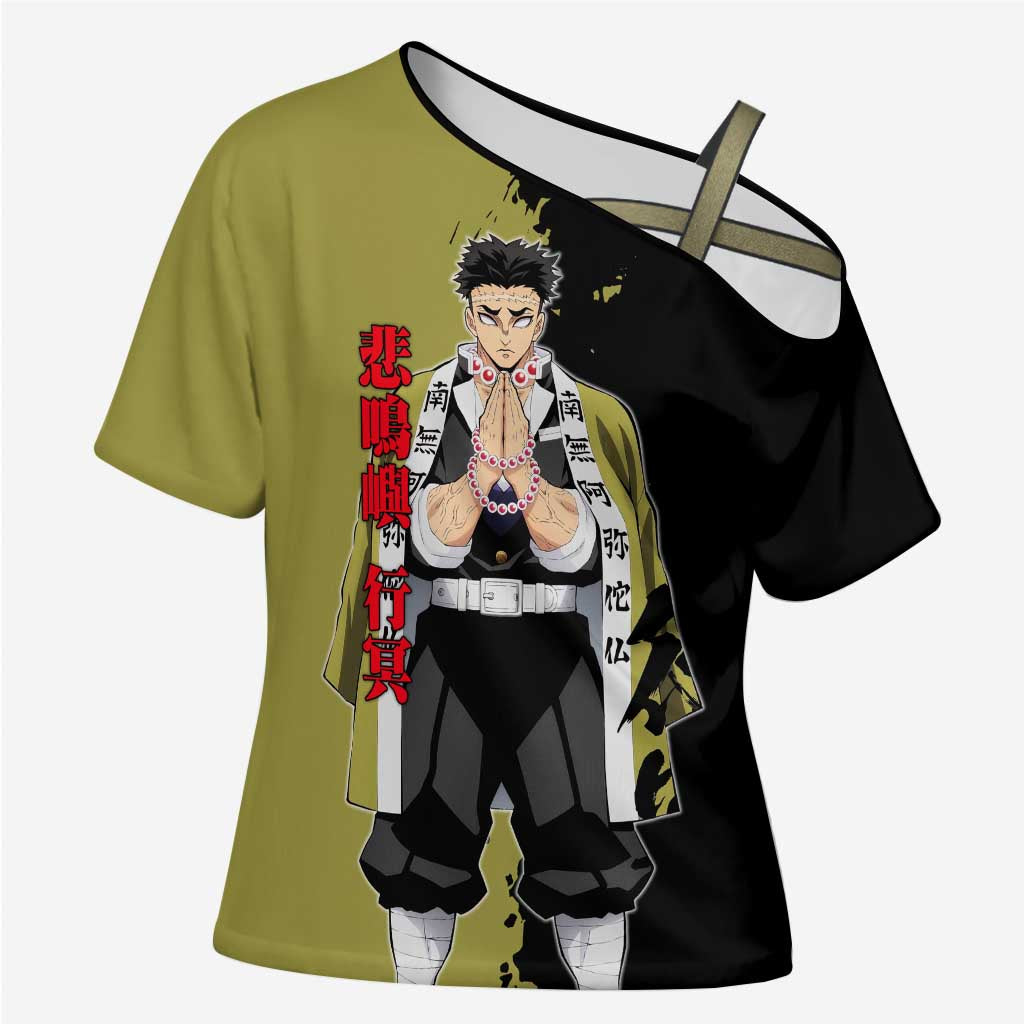 Gyomei Himejima from Demon Slayer Cross Shoulder Shirt with Olive and Black Split Background and Prayer Pose Manga Style Design - The Mazicc