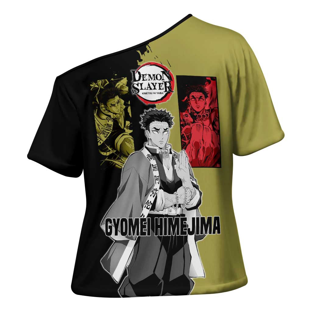 Gyomei Himejima from Demon Slayer Cross Shoulder Shirt with Olive and Black Split Background and Prayer Pose Manga Style Design - The Mazicc