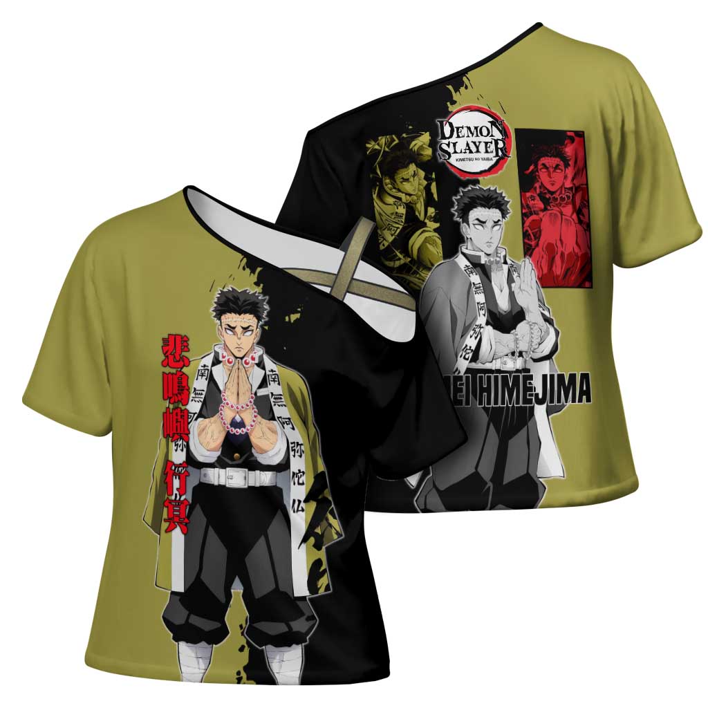Gyomei Himejima from Demon Slayer Cross Shoulder Shirt with Olive and Black Split Background and Prayer Pose Manga Style Design - The Mazicc