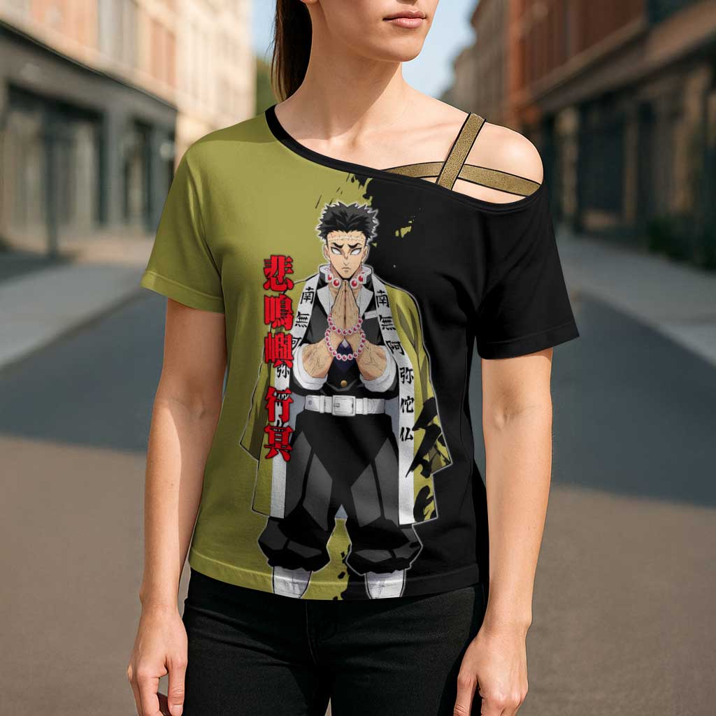 Gyomei Himejima from Demon Slayer Cross Shoulder Shirt with Olive and Black Split Background and Prayer Pose Manga Style Design - The Mazicc