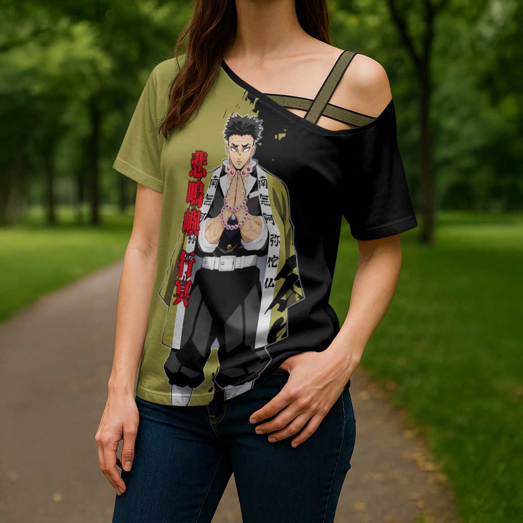 Gyomei Himejima from Demon Slayer Cross Shoulder Shirt with Olive and Black Split Background and Prayer Pose Manga Style Design - The Mazicc