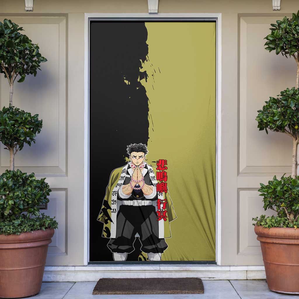 Gyomei Himejima from Demon Slayer Door Cover with Olive and Black Split Background and Prayer Pose Manga Style Design - The Mazicc
