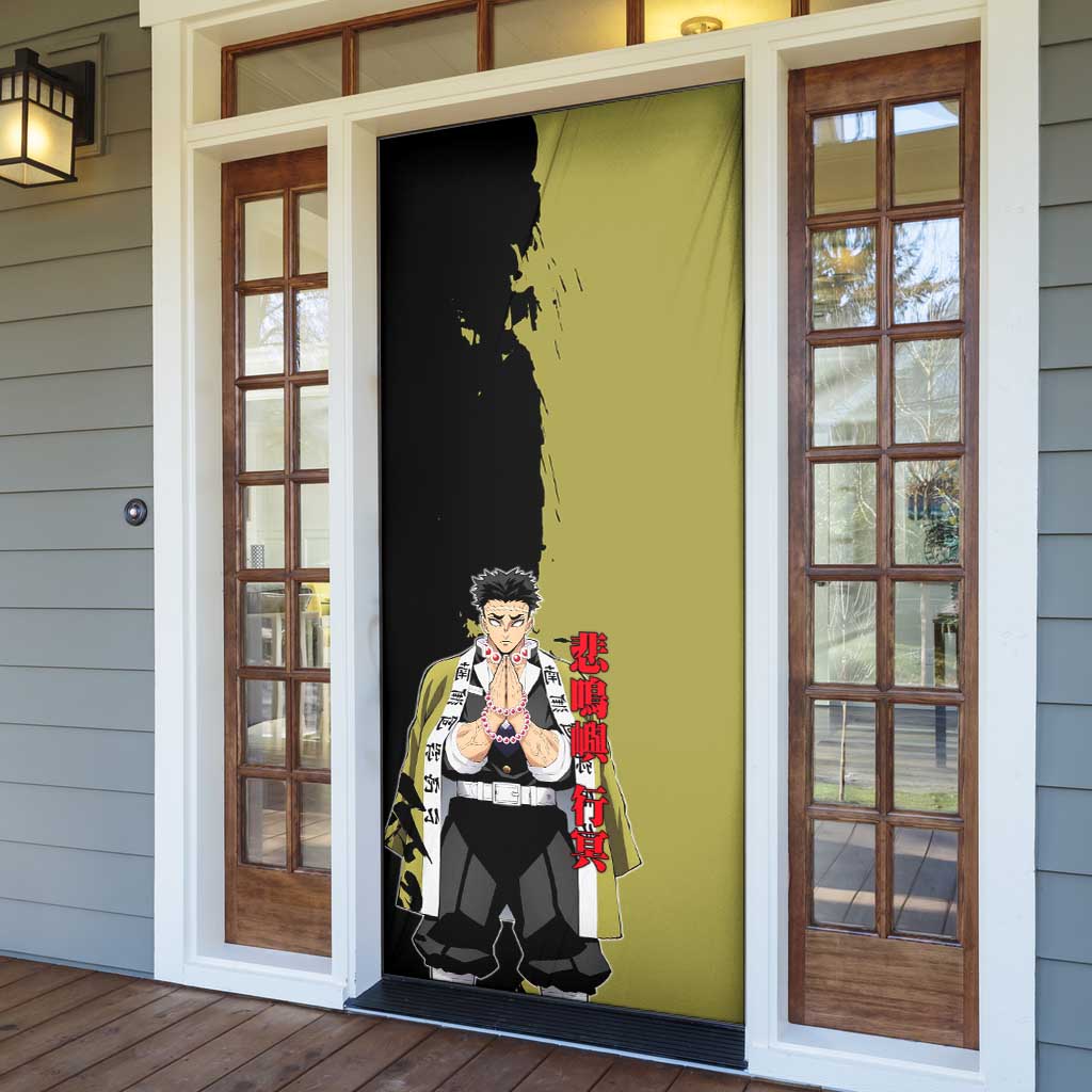 Gyomei Himejima from Demon Slayer Door Cover with Olive and Black Split Background and Prayer Pose Manga Style Design - The Mazicc