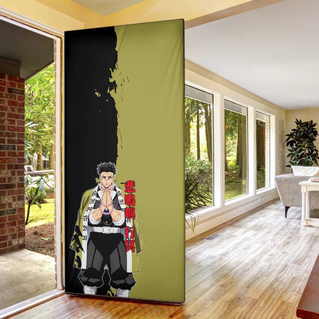 Gyomei Himejima from Demon Slayer Door Cover with Olive and Black Split Background and Prayer Pose Manga Style Design - The Mazicc