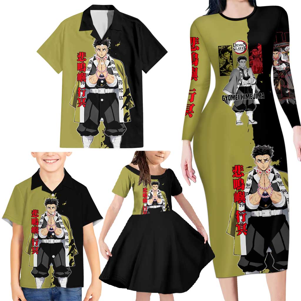 Gyomei Himejima from Demon Slayer Family Matching Long Sleeve Bodycon Dress and Hawaiian Shirt with Olive and Black Split Background and Prayer Pose Manga Style Design - The Mazicc