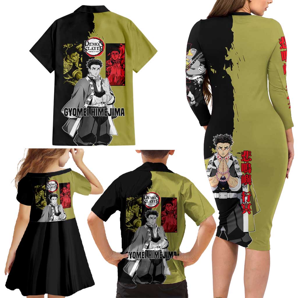 Gyomei Himejima from Demon Slayer Family Matching Long Sleeve Bodycon Dress and Hawaiian Shirt with Olive and Black Split Background and Prayer Pose Manga Style Design - The Mazicc