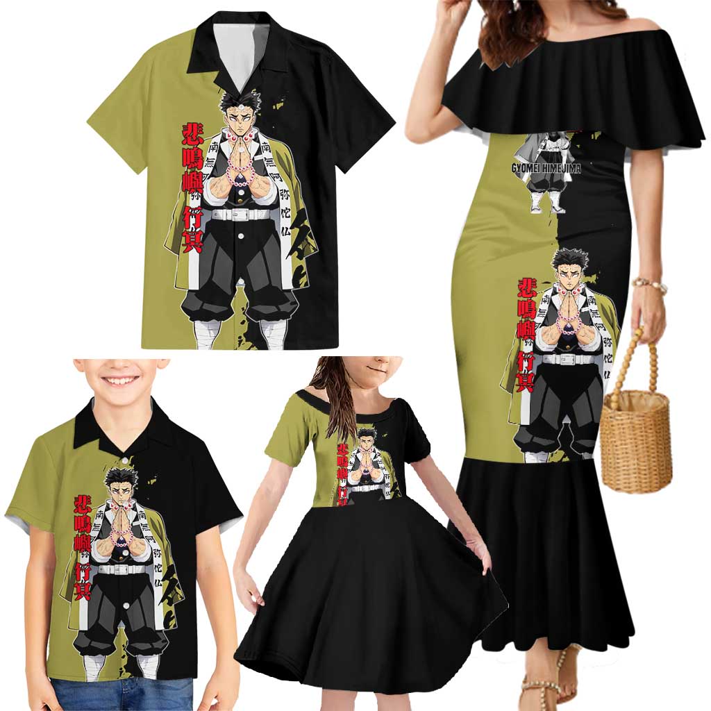 Gyomei Himejima from Demon Slayer Family Matching Mermaid Dress and Hawaiian Shirt with Olive and Black Split Background and Prayer Pose Manga Style Design - The Mazicc