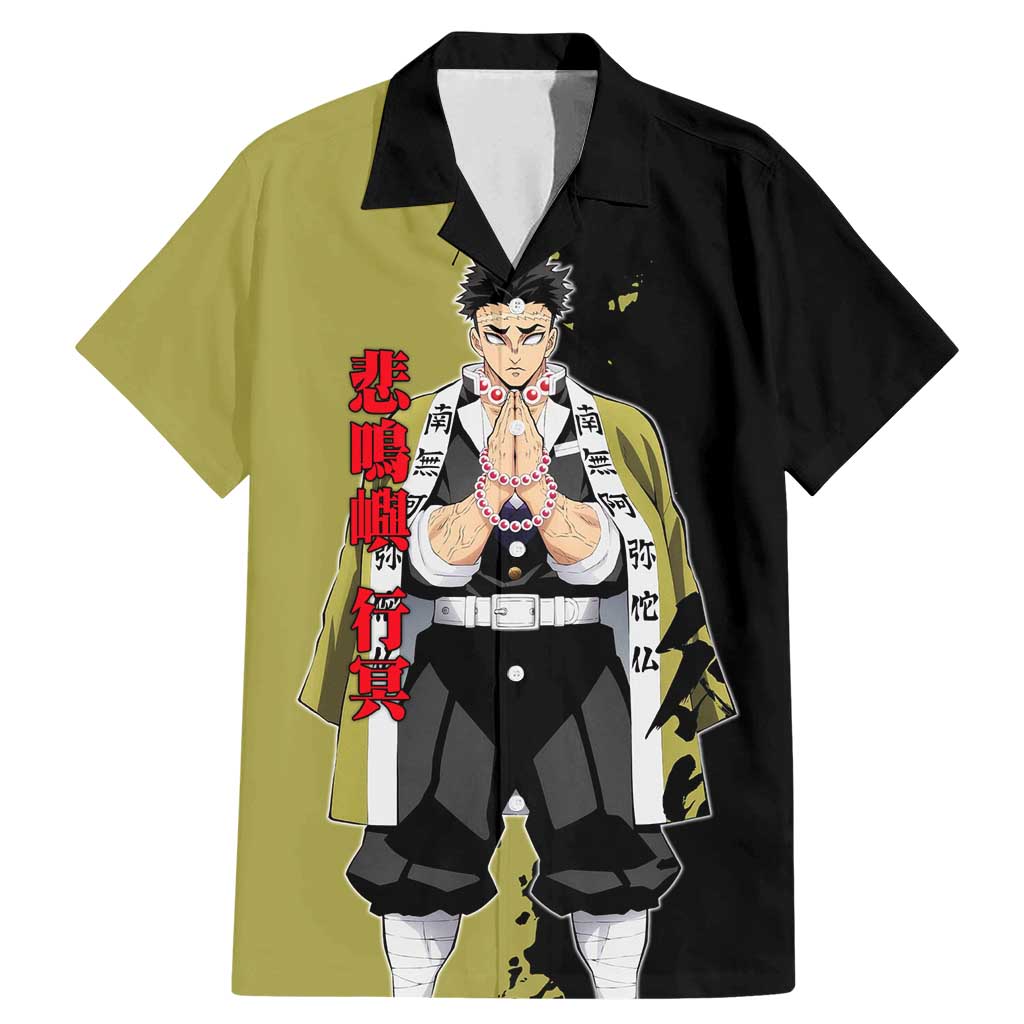 Gyomei Himejima from Demon Slayer Family Matching Mermaid Dress and Hawaiian Shirt with Olive and Black Split Background and Prayer Pose Manga Style Design - The Mazicc