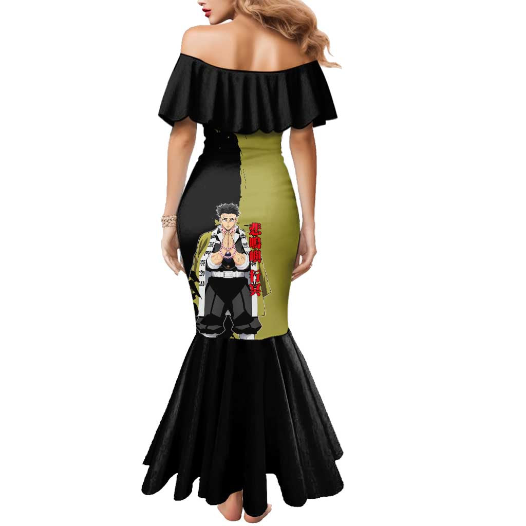 Gyomei Himejima from Demon Slayer Family Matching Mermaid Dress and Hawaiian Shirt with Olive and Black Split Background and Prayer Pose Manga Style Design - The Mazicc