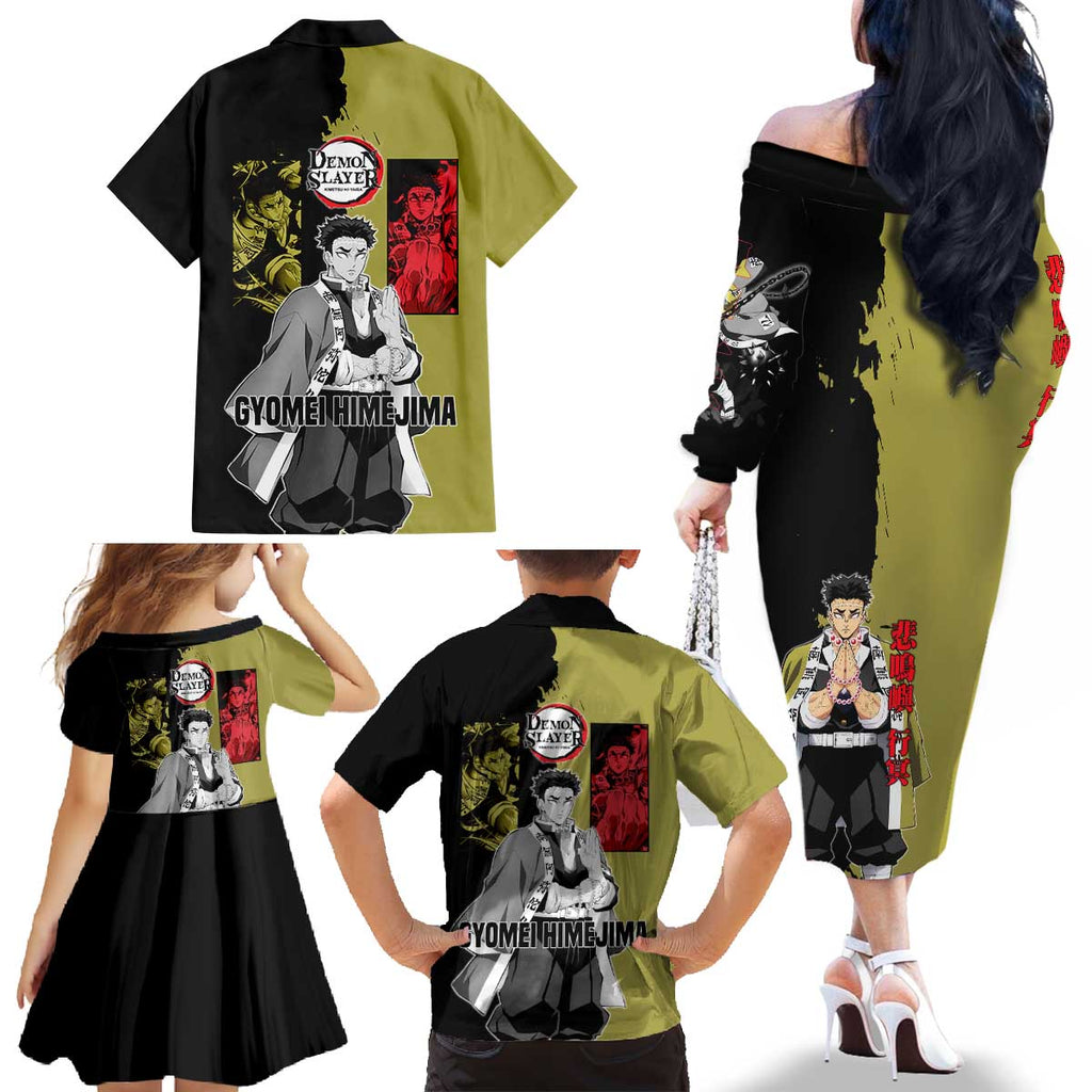 Gyomei Himejima from Demon Slayer Family Matching Off The Shoulder Long Sleeve Dress and Hawaiian Shirt with Olive and Black Split Background and Prayer Pose Manga Style Design - The Mazicc