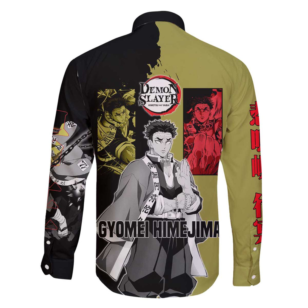 Gyomei Himejima from Demon Slayer Family Matching Off The Shoulder Long Sleeve Dress and Hawaiian Shirt with Olive and Black Split Background and Prayer Pose Manga Style Design - The Mazicc