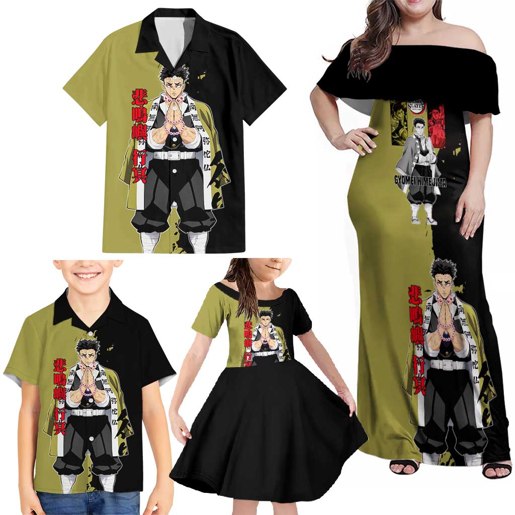 Gyomei Himejima from Demon Slayer Family Matching Off Shoulder Maxi Dress and Hawaiian Shirt with Olive and Black Split Background and Prayer Pose Manga Style Design - The Mazicc