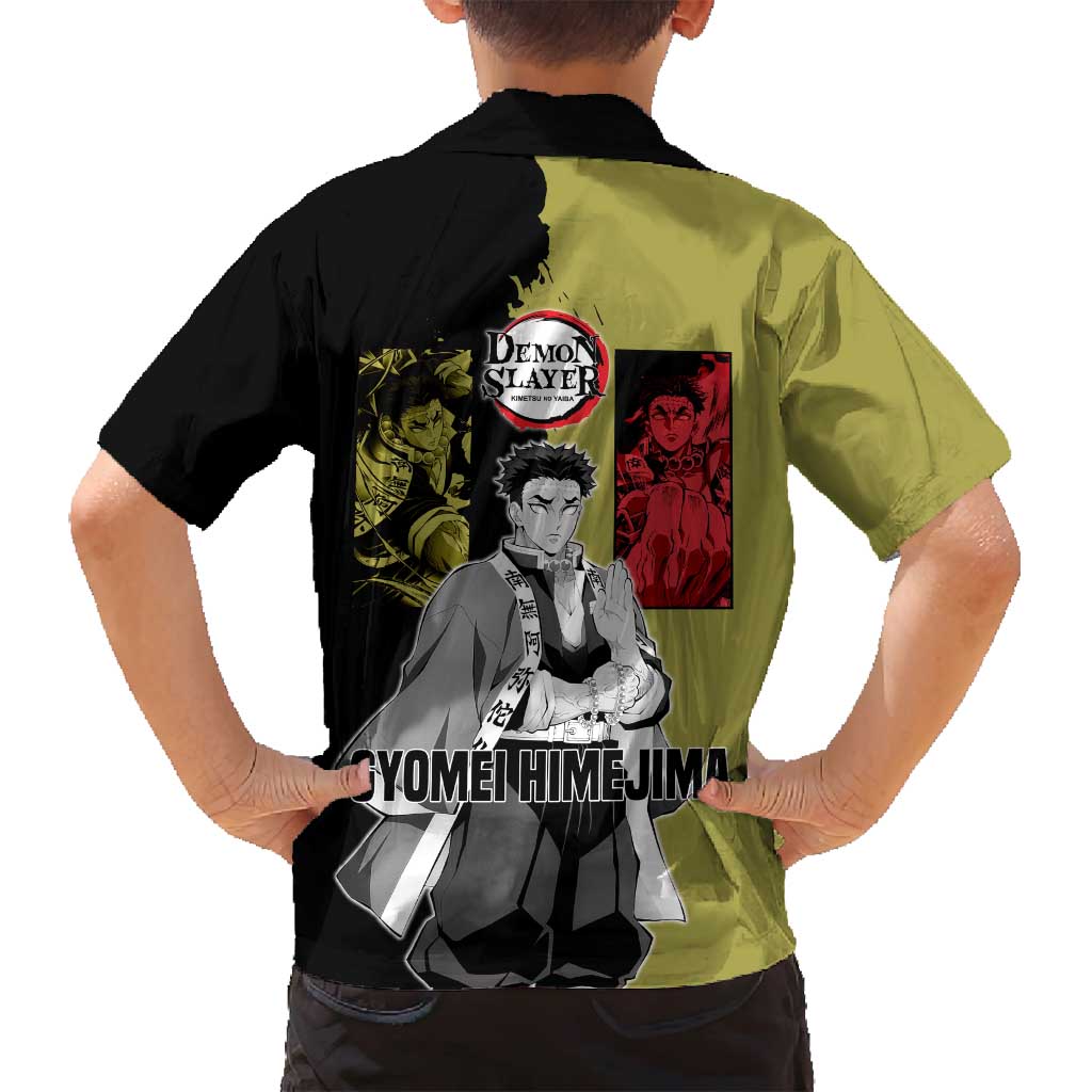 Gyomei Himejima from Demon Slayer Family Matching Off Shoulder Maxi Dress and Hawaiian Shirt with Olive and Black Split Background and Prayer Pose Manga Style Design - The Mazicc