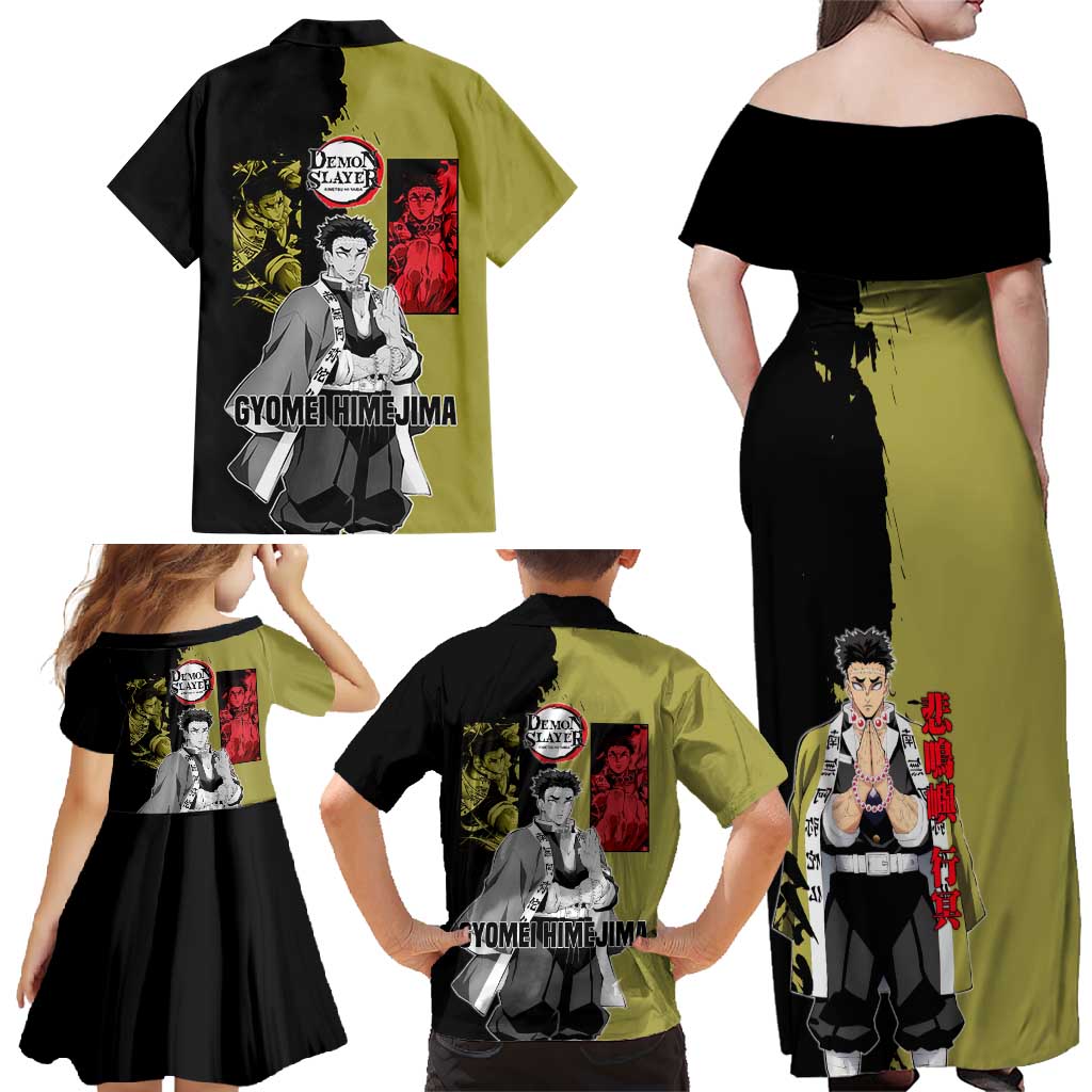 Gyomei Himejima from Demon Slayer Family Matching Off Shoulder Maxi Dress and Hawaiian Shirt with Olive and Black Split Background and Prayer Pose Manga Style Design - The Mazicc