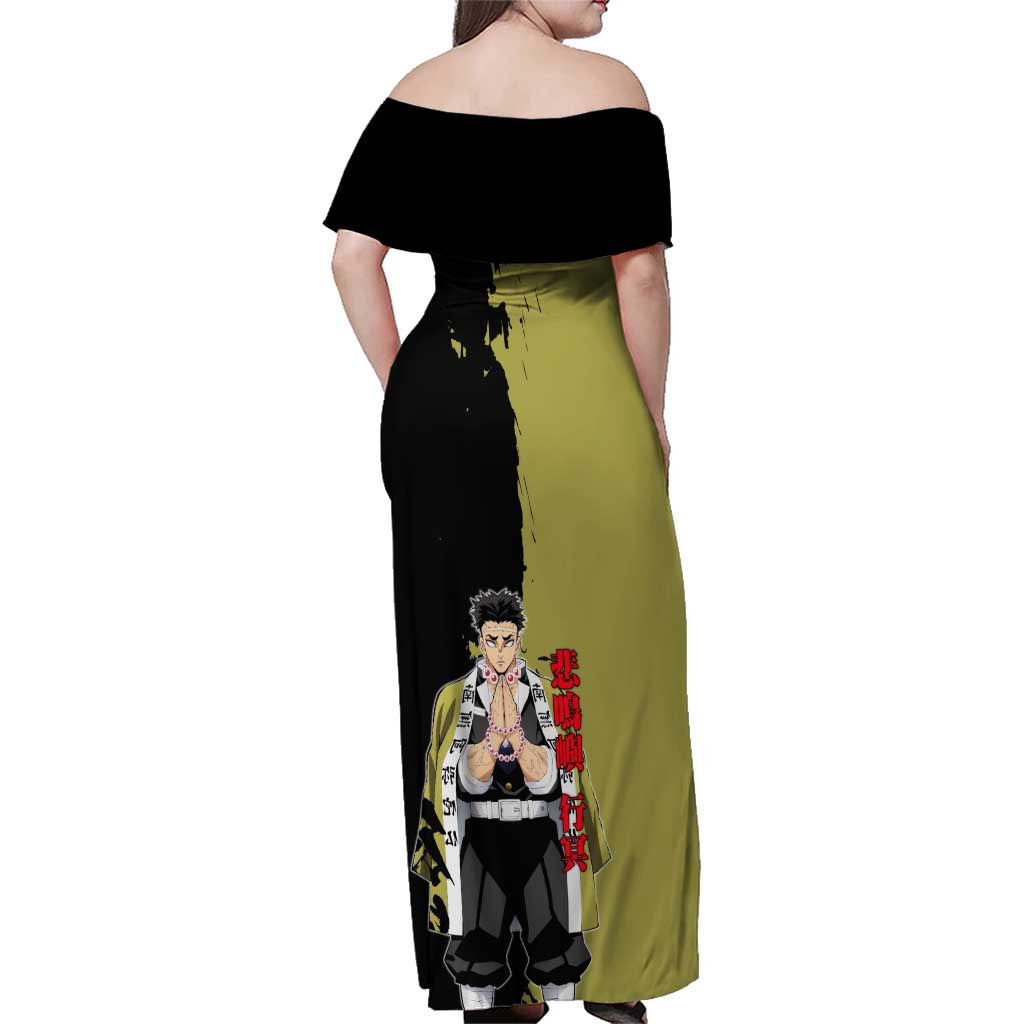 Gyomei Himejima from Demon Slayer Family Matching Off Shoulder Maxi Dress and Hawaiian Shirt with Olive and Black Split Background and Prayer Pose Manga Style Design - The Mazicc