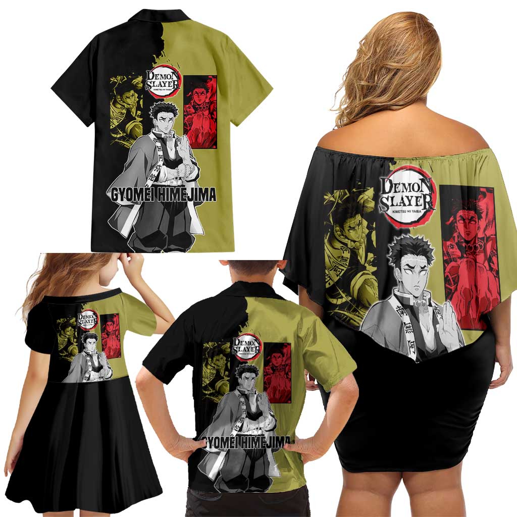 Gyomei Himejima from Demon Slayer Family Matching Off Shoulder Short Dress and Hawaiian Shirt with Olive and Black Split Background and Prayer Pose Manga Style Design - The Mazicc