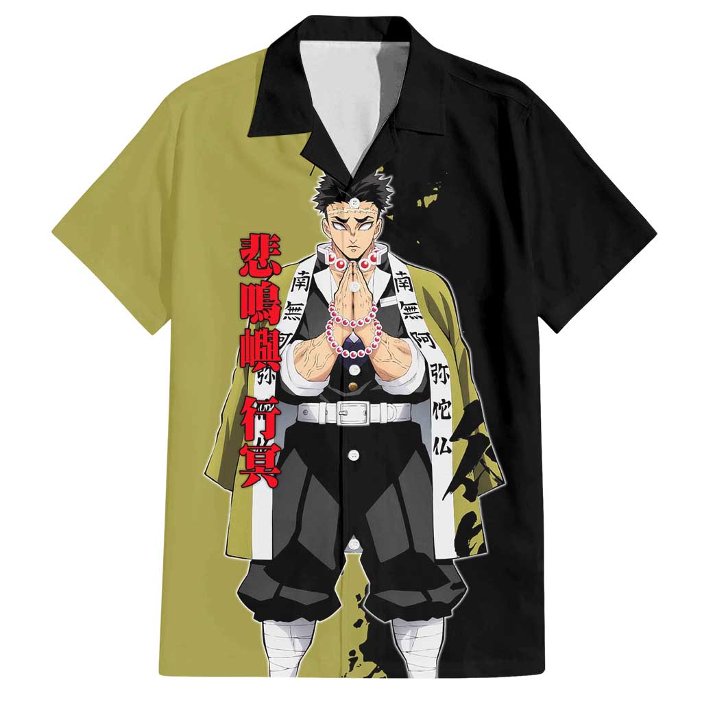 Gyomei Himejima from Demon Slayer Family Matching Off Shoulder Short Dress and Hawaiian Shirt with Olive and Black Split Background and Prayer Pose Manga Style Design - The Mazicc
