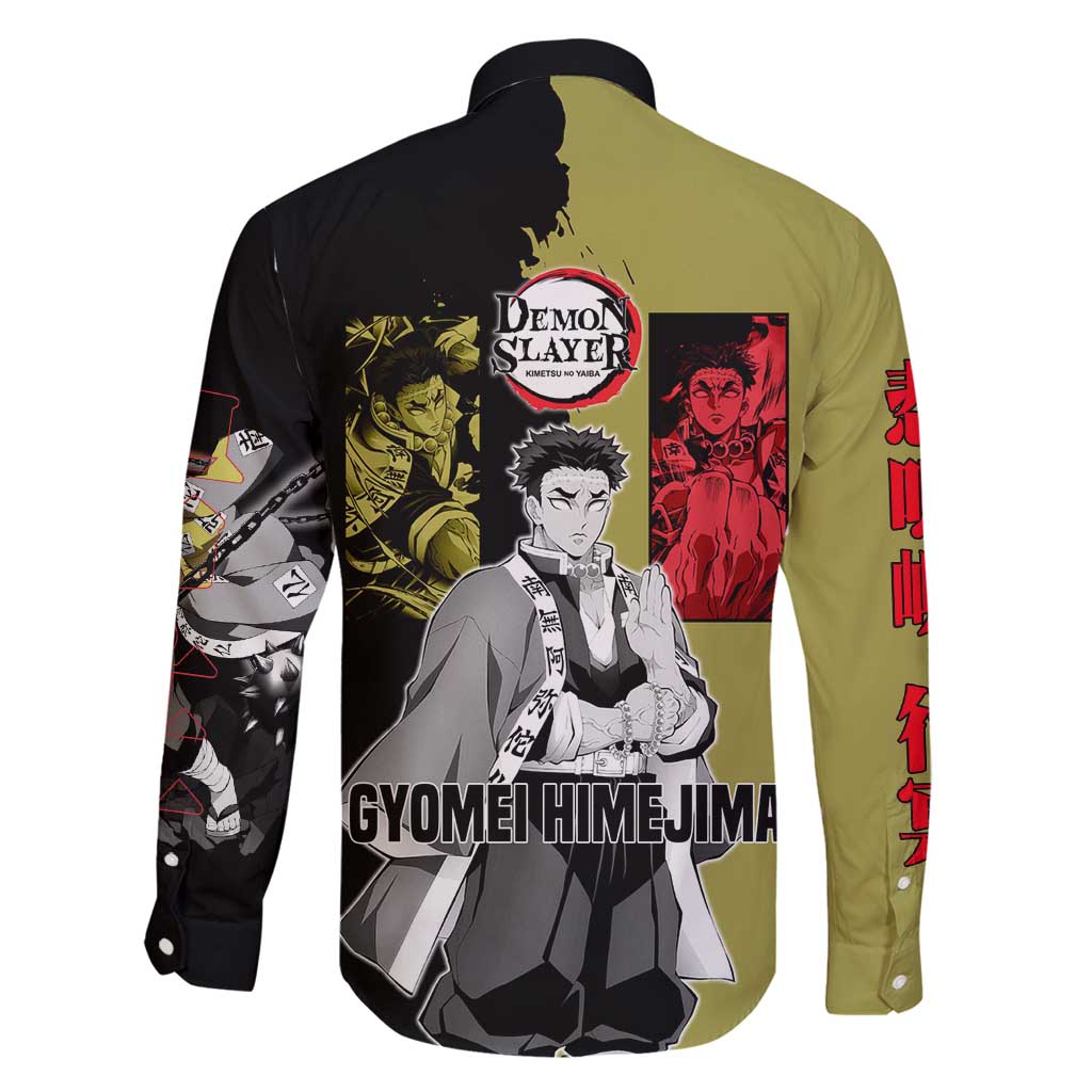 Gyomei Himejima from Demon Slayer Family Matching Off Shoulder Short Dress and Hawaiian Shirt with Olive and Black Split Background and Prayer Pose Manga Style Design - The Mazicc