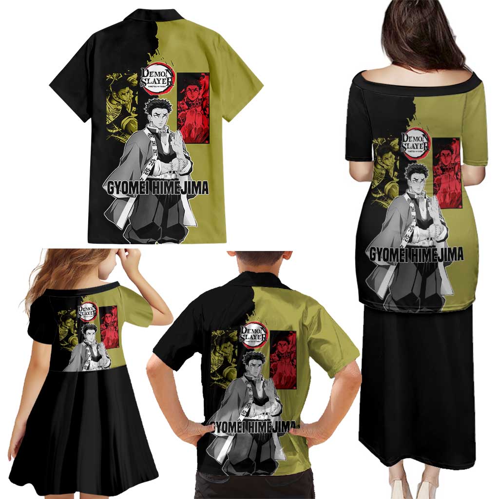 Gyomei Himejima from Demon Slayer Family Matching Puletasi and Hawaiian Shirt with Olive and Black Split Background and Prayer Pose Manga Style Design - The Mazicc
