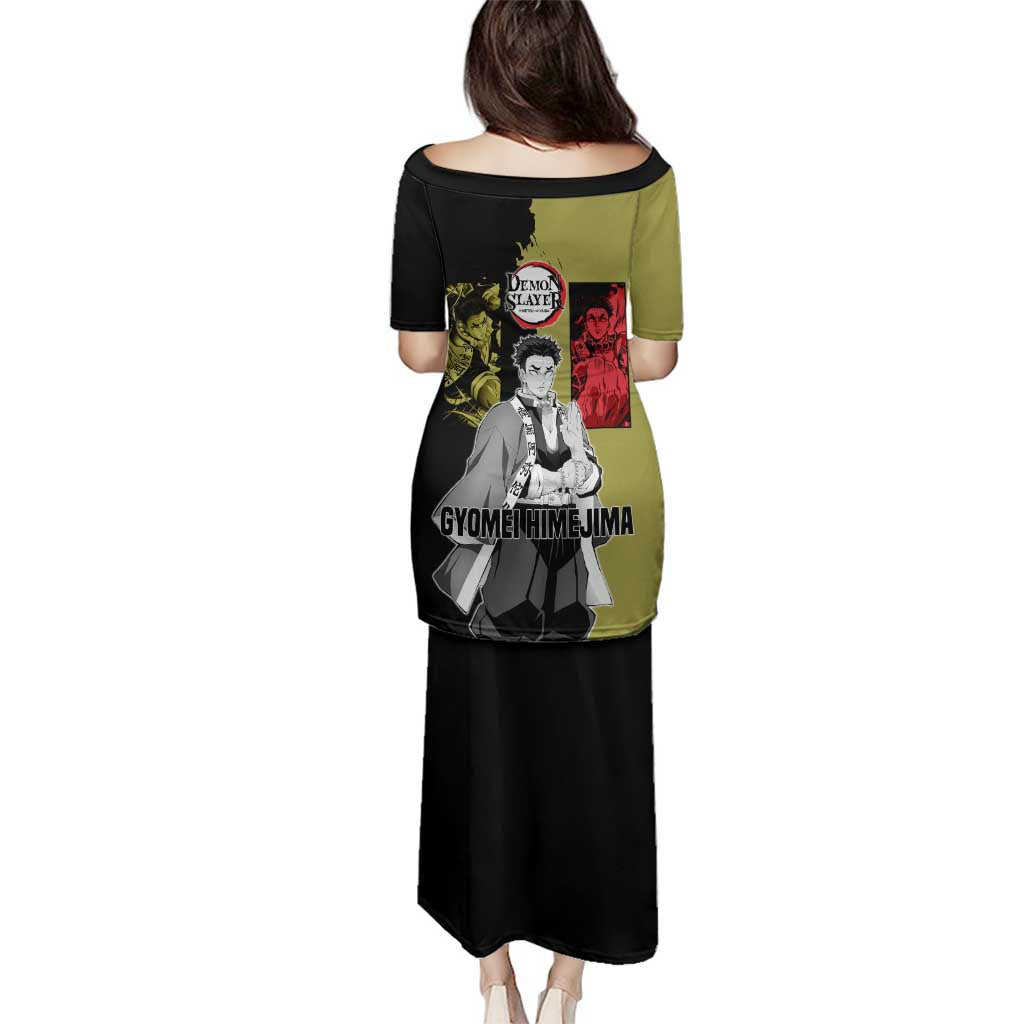 Gyomei Himejima from Demon Slayer Family Matching Puletasi and Hawaiian Shirt with Olive and Black Split Background and Prayer Pose Manga Style Design - The Mazicc