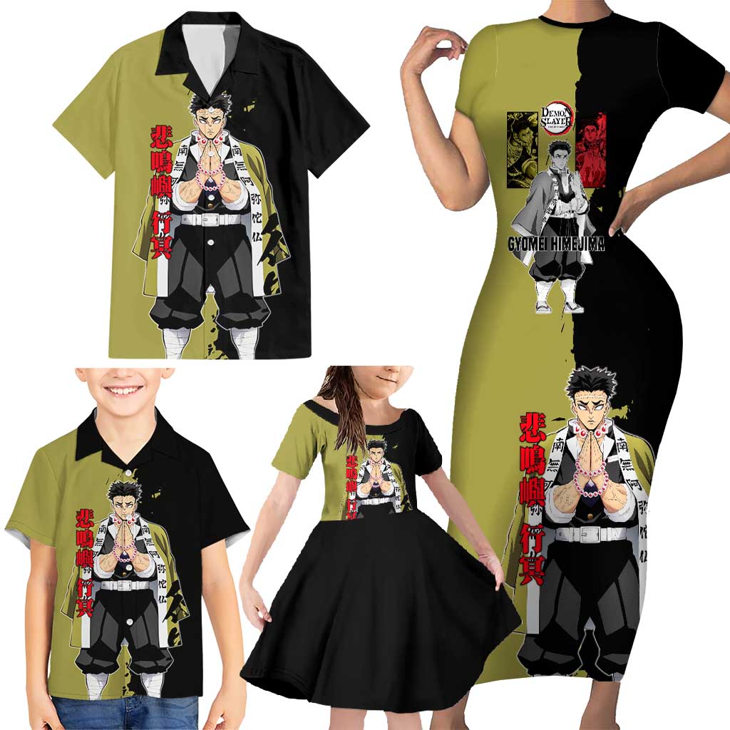 Gyomei Himejima from Demon Slayer Family Matching Short Sleeve Bodycon Dress and Hawaiian Shirt with Olive and Black Split Background and Prayer Pose Manga Style Design - The Mazicc
