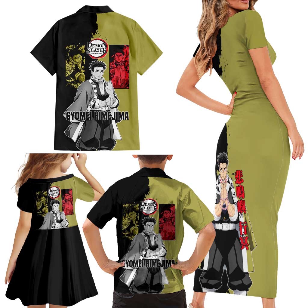 Gyomei Himejima from Demon Slayer Family Matching Short Sleeve Bodycon Dress and Hawaiian Shirt with Olive and Black Split Background and Prayer Pose Manga Style Design - The Mazicc