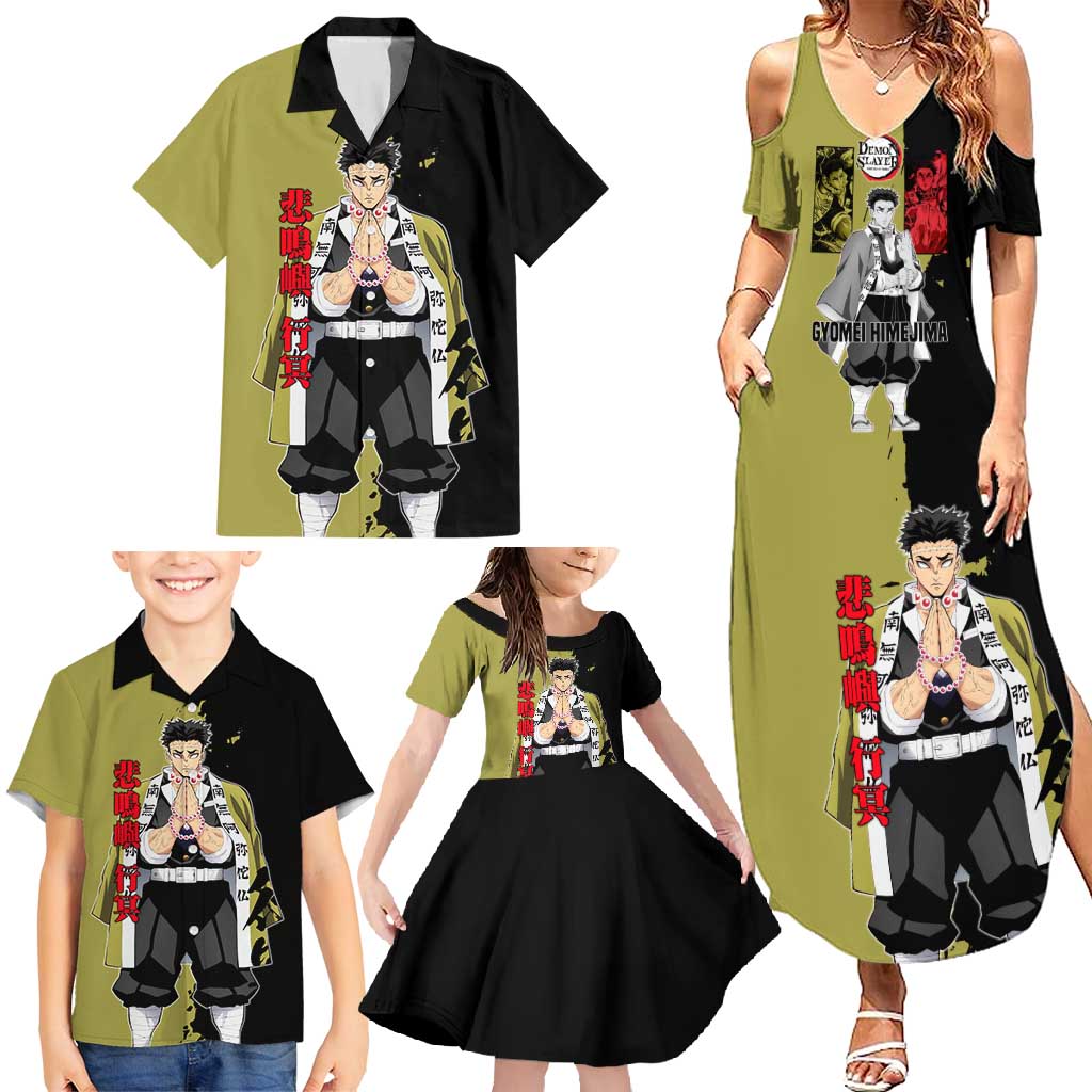 Gyomei Himejima from Demon Slayer Family Matching Summer Maxi Dress and Hawaiian Shirt with Olive and Black Split Background and Prayer Pose Manga Style Design - The Mazicc