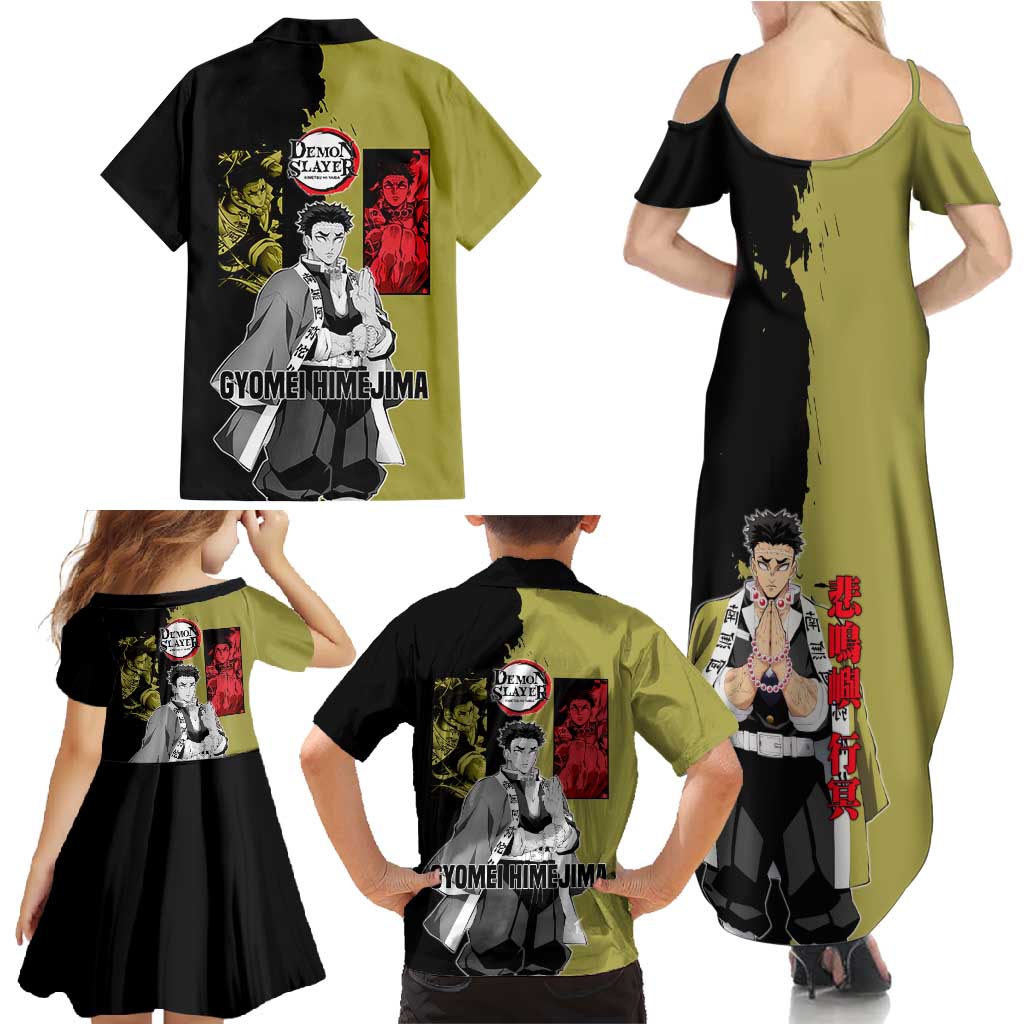 Gyomei Himejima from Demon Slayer Family Matching Summer Maxi Dress and Hawaiian Shirt with Olive and Black Split Background and Prayer Pose Manga Style Design - The Mazicc