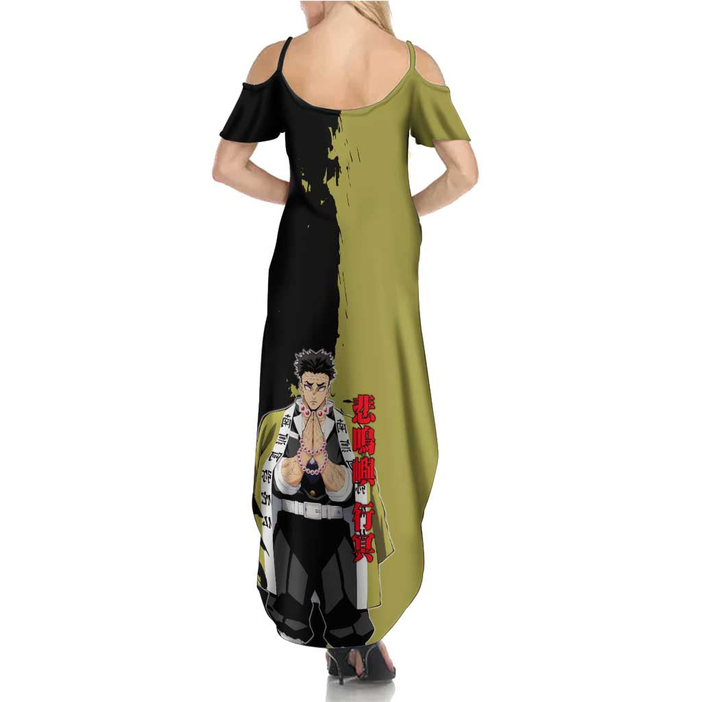 Gyomei Himejima from Demon Slayer Family Matching Summer Maxi Dress and Hawaiian Shirt with Olive and Black Split Background and Prayer Pose Manga Style Design - The Mazicc