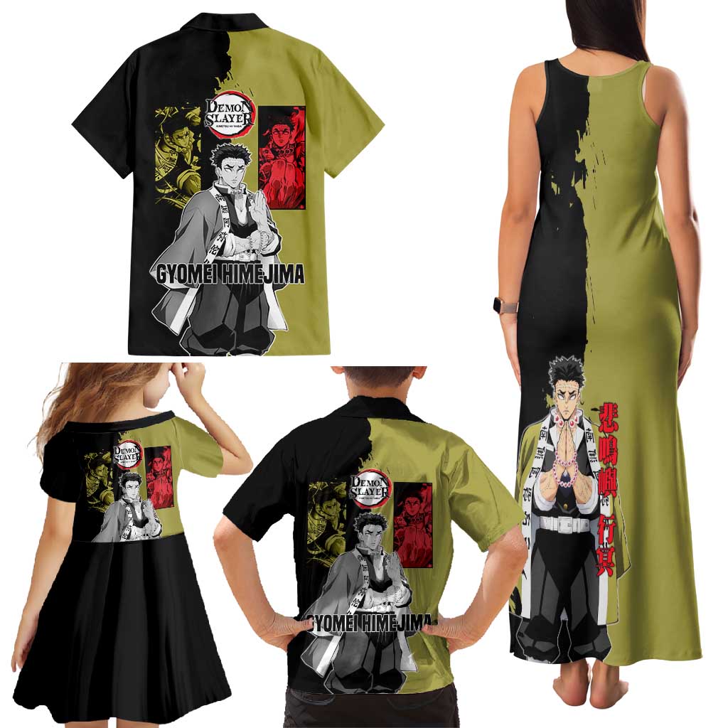 Gyomei Himejima from Demon Slayer Family Matching Tank Maxi Dress and Hawaiian Shirt with Olive and Black Split Background and Prayer Pose Manga Style Design - The Mazicc