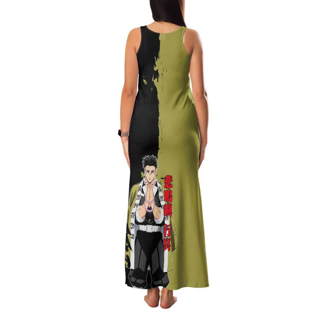 Gyomei Himejima from Demon Slayer Family Matching Tank Maxi Dress and Hawaiian Shirt with Olive and Black Split Background and Prayer Pose Manga Style Design - The Mazicc