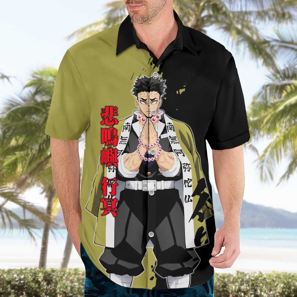 Gyomei Himejima from Demon Slayer Hawaiian Shirt with Olive and Black Split Background and Prayer Pose Manga Style Design - The Mazicc