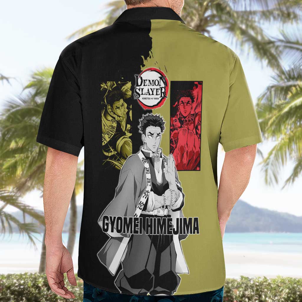 Gyomei Himejima from Demon Slayer Hawaiian Shirt with Olive and Black Split Background and Prayer Pose Manga Style Design - The Mazicc