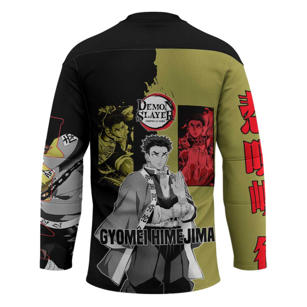 Gyomei Himejima from Demon Slayer Hockey Jersey with Olive and Black Split Background and Prayer Pose Manga Style Design - The Mazicc