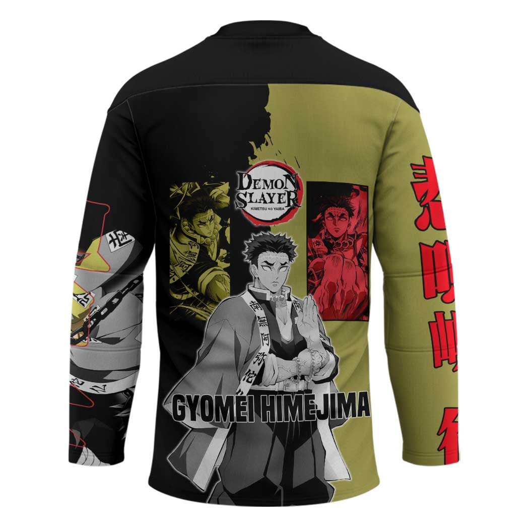 Gyomei Himejima from Demon Slayer Hockey Jersey with Olive and Black Split Background and Prayer Pose Manga Style Design - The Mazicc