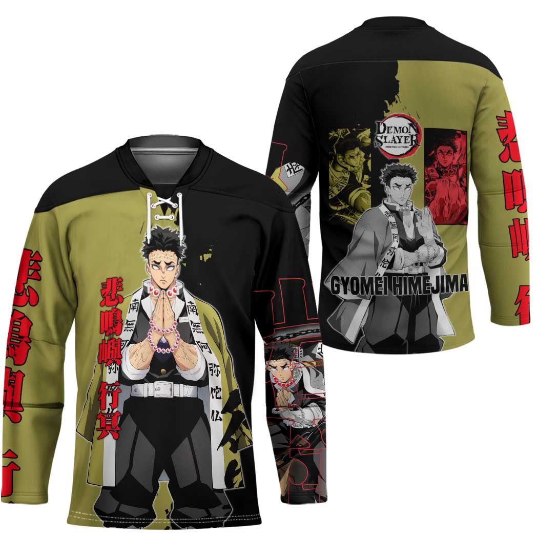Gyomei Himejima from Demon Slayer Hockey Jersey with Olive and Black Split Background and Prayer Pose Manga Style Design - The Mazicc