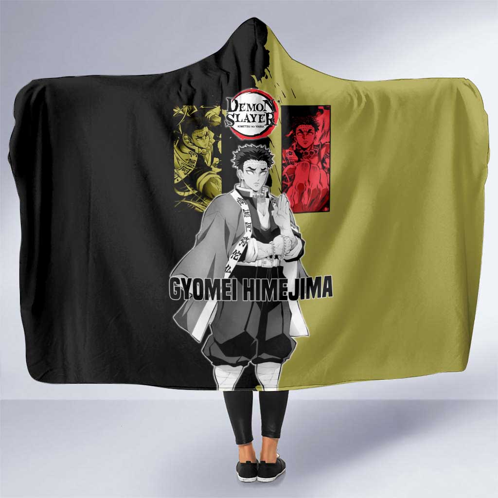 Gyomei Himejima from Demon Slayer Hooded Blanket with Olive and Black Split Background and Prayer Pose Manga Style Design - The Mazicc