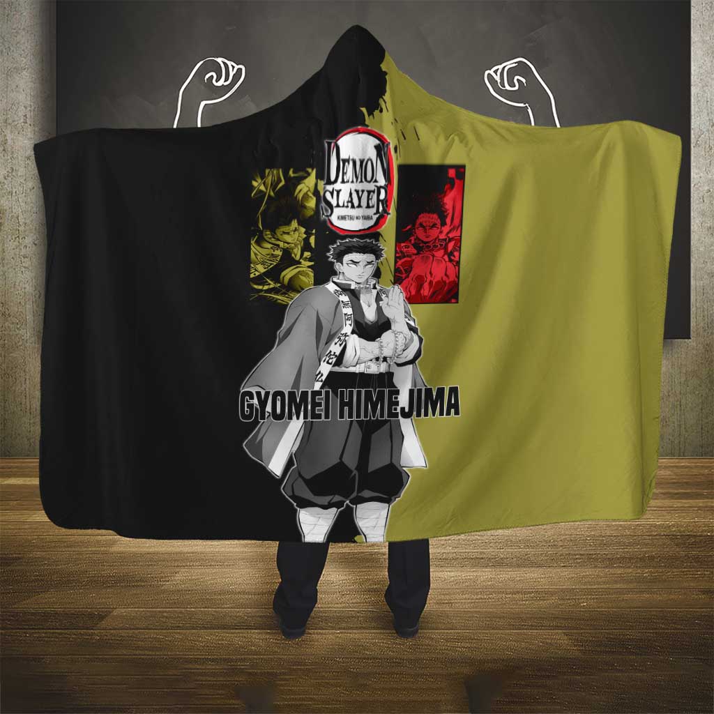 Gyomei Himejima from Demon Slayer Hooded Blanket with Olive and Black Split Background and Prayer Pose Manga Style Design - The Mazicc