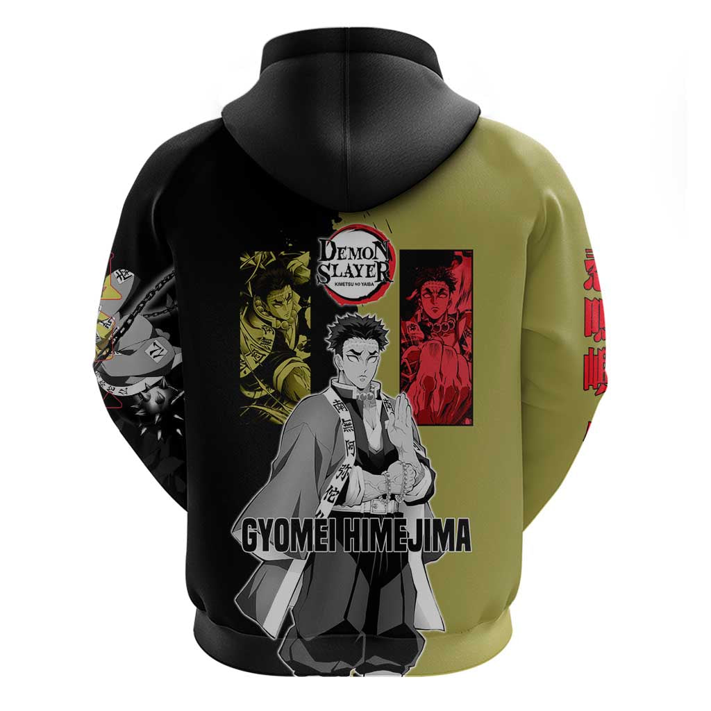 Gyomei Himejima from Demon Slayer Hoodie with Olive and Black Split Background and Prayer Pose Manga Style Design - The Mazicc
